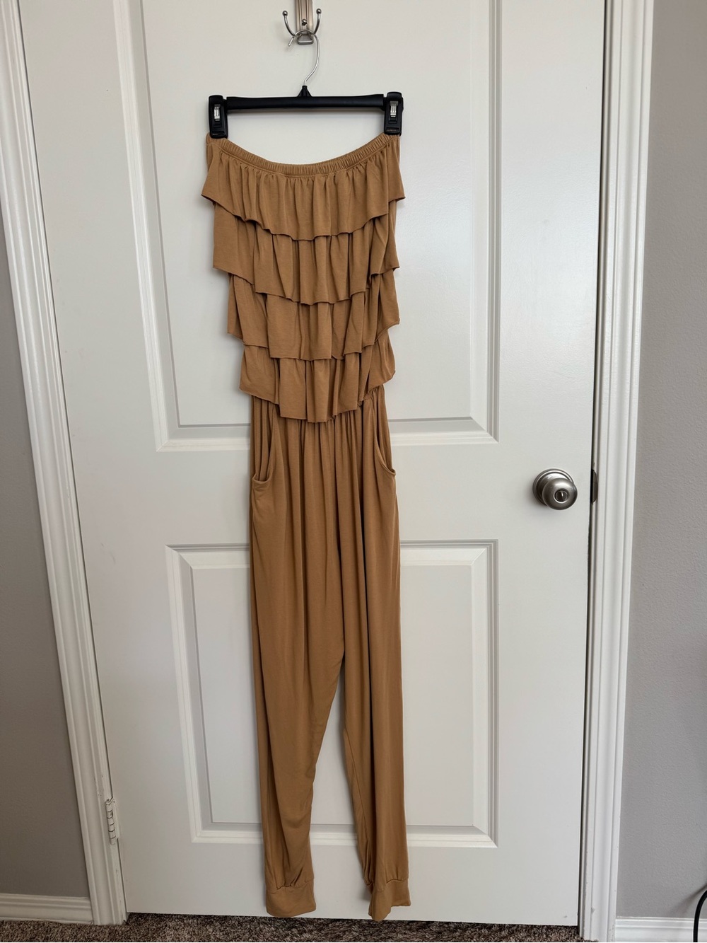 Nice Thing, Women's Tan Ruffle Strapless Maternity Jumpsuit